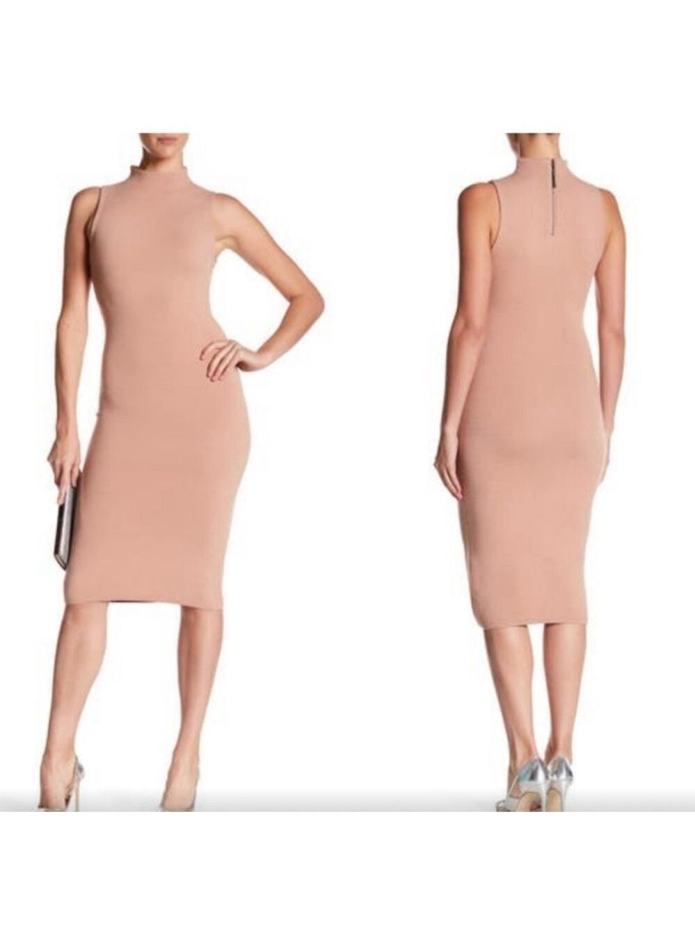 Alice + Olivia mock neck neutral ribbed stretch Hana rose tan classic dress XS